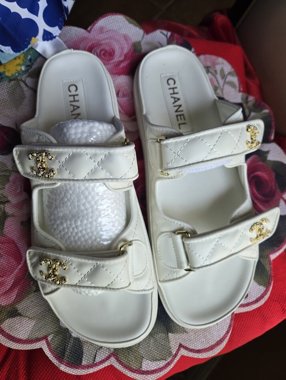 CHANEL White Quilted Leather Double-Strap Slide Sandals with Gold CC